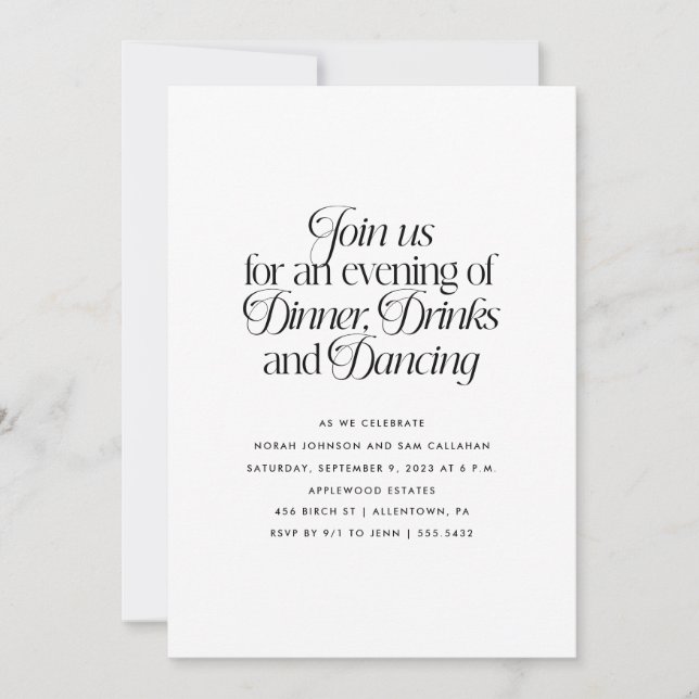 Minimalist Dinner, Drinks and Dancing  Invitation (Front)