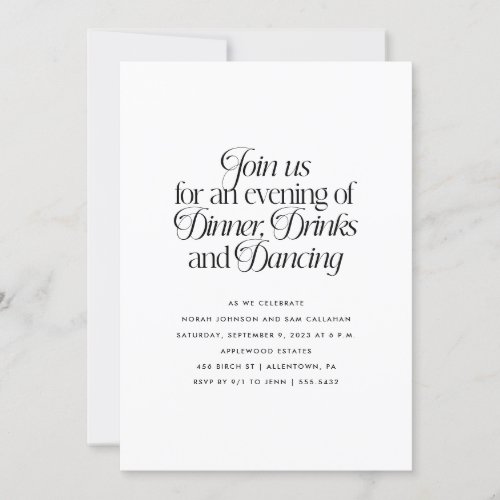 Minimalist Dinner Drinks and Dancing  Invitation