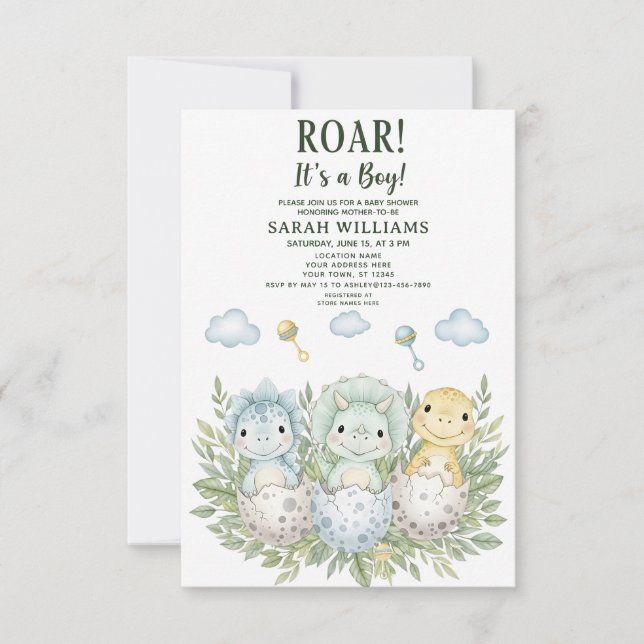 minimalist Dinosaur Baby Shower party boy Roar Invitation (Front)