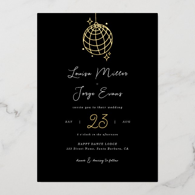 Minimalist Disco Ball Printed or Digital Wedding Foil Invitation (Front)