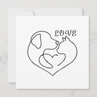 Minimalist Dog and Cat Heart - One Line Art Design Card