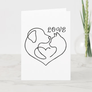 Minimalist Dog and Cat Heart - One Line Art Design Card