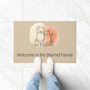 Minimalist Dog and Cat Line Art Welcome Doormat