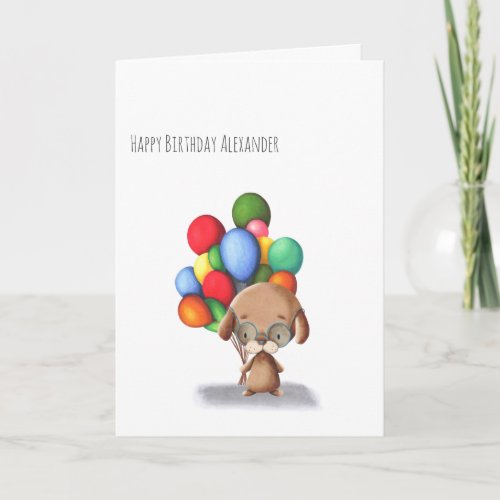 Minimalist Dog with Balloons Personalized Birthday Card