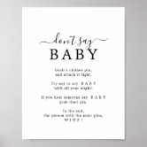 Don't Say Baby Clothespin Baby Shower Game, Table Sign, Simple Black and  White Boy Girl Gender Neutral Printable Baby Shower Game