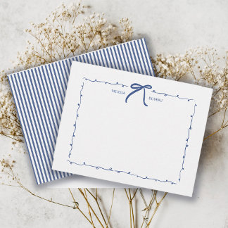 Minimalist Doodle Bow Coquette Blue Personalized Note Card