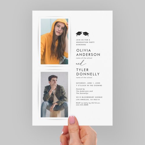 Minimalist Double Graduation Party Invitation - Modern joint graduation party invitations featuring a simple white background, photos of the graduates, and a elegant text template that is easy to personalize.