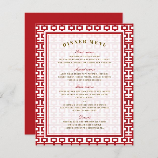 Minimalist Double Happiness Chinese Wedding Menu (Front/Back)