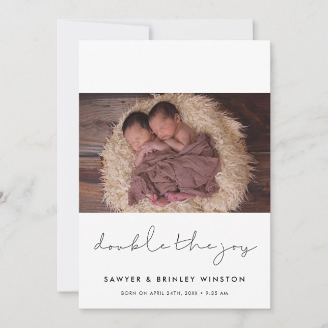 Minimalist Double the joy twins photo Announcement (Front)