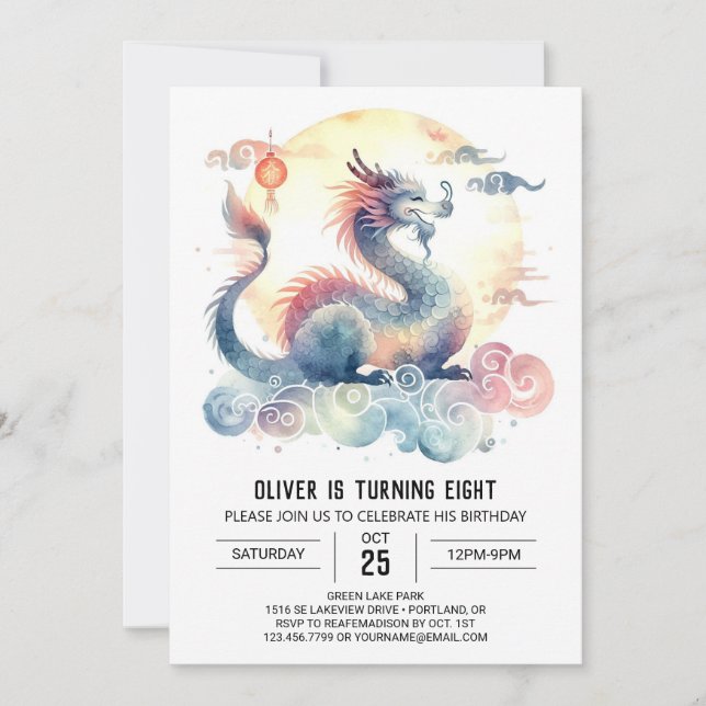 Minimalist Dragon Birthday Printable Invitation (Front)