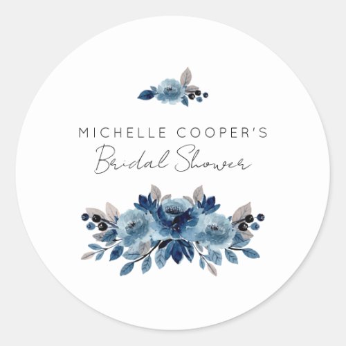 Minimalist Dusty Blue and Navy Floral Classic Round Sticker