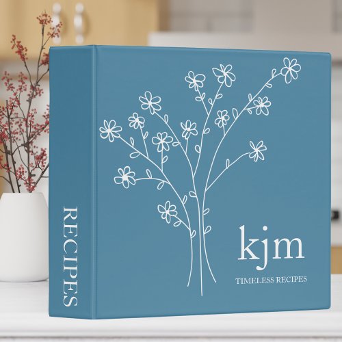 Minimalist Dusty Blue and White Monogram Recipe 3 Ring Binder