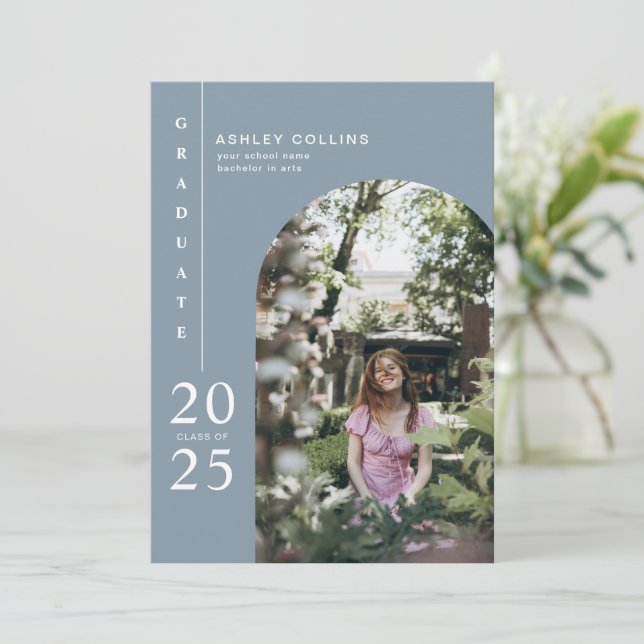 Minimalist Dusty Blue Arch Photo Graduation Party Invitation (Standing Front)
