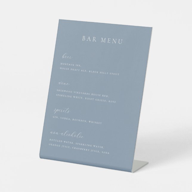 Minimalist Dusty Blue Bar Menu List Pedestal Sign (Front)
