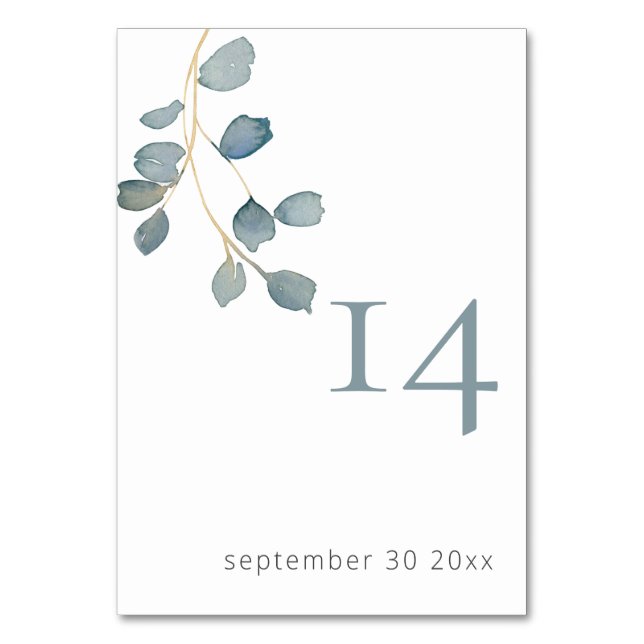 Minimalist Dusty Blue Botanical Wedding Table Number (Front)