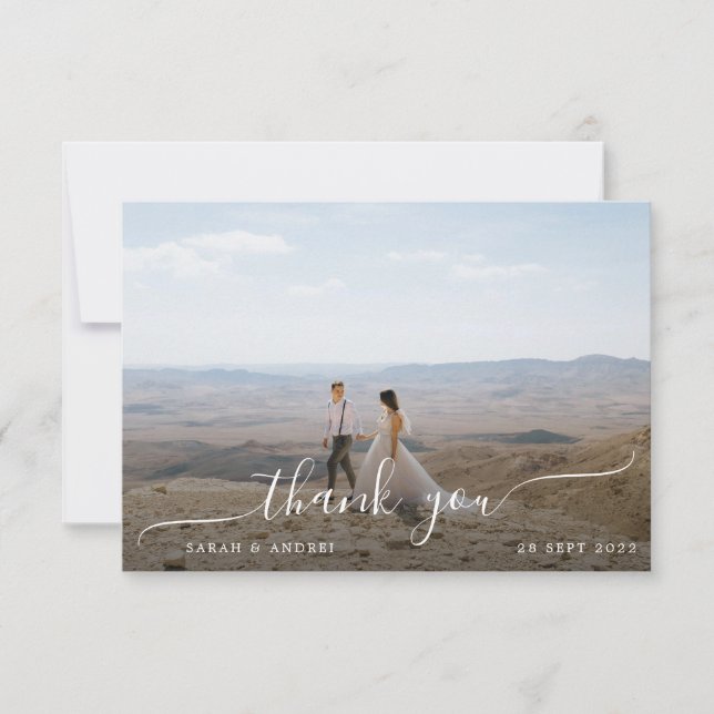 Minimalist Dusty Blue Calligraphy Photo Wedding Thank You Card (Front)