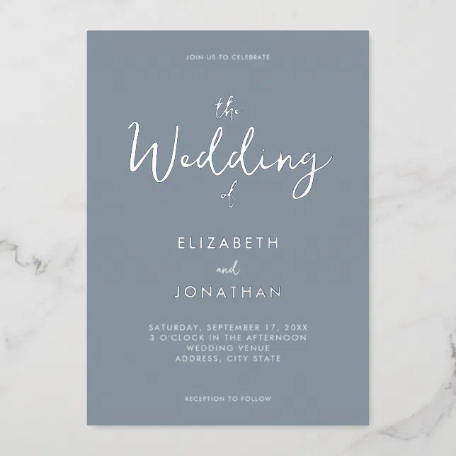 Minimalist Dusty Blue Calligraphy Wedding Foil Invitation | Zazzle