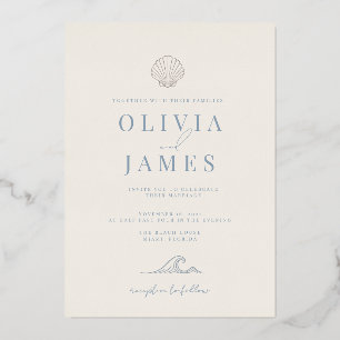 Minimalist Dusty Blue Coastal Seashell Wedding Foil Invitation