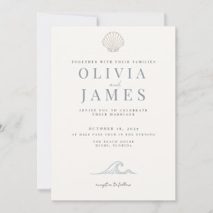 Minimalist Dusty Blue Coastal Seashell Wedding Invitation