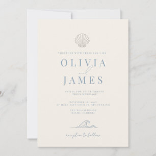 Minimalist Dusty Blue Coastal Seashell Wedding Invitation