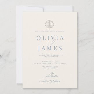 Minimalist Dusty Blue Coastal Seashell Wedding Invitation