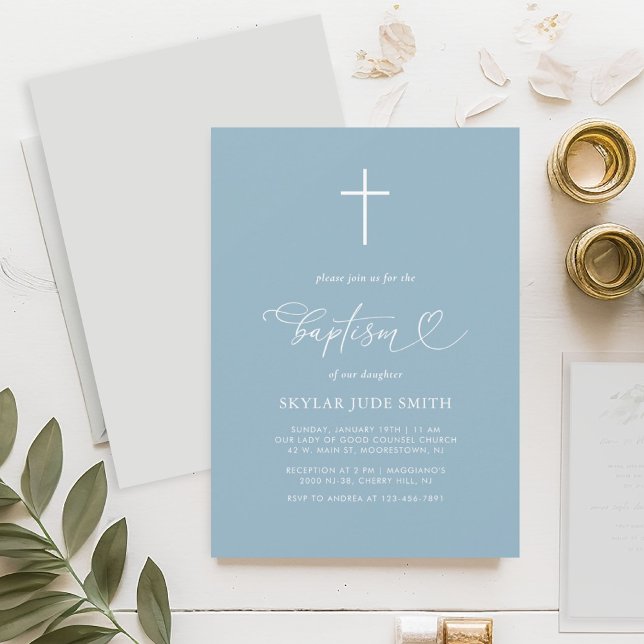 Minimalist Dusty Blue Cross Calligraphy Baptism  Invitation (Creator Uploaded)