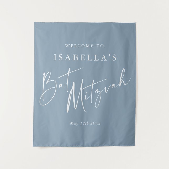 Minimalist Dusty Blue Custom Bat Mitzvah Welcome Tapestry (Front)
