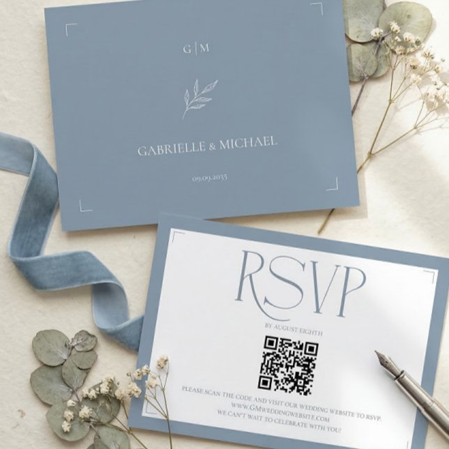 Minimalist Dusty Blue Elegant Monogram Wedding  RSVP Card (Creator Uploaded)