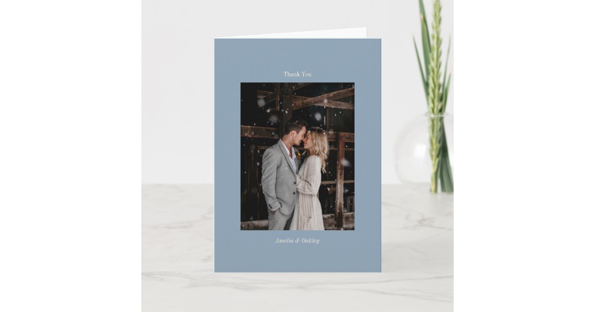 Minimalist Dusty Blue Elegant Wedding Custom Photo Thank You Card | Zazzle