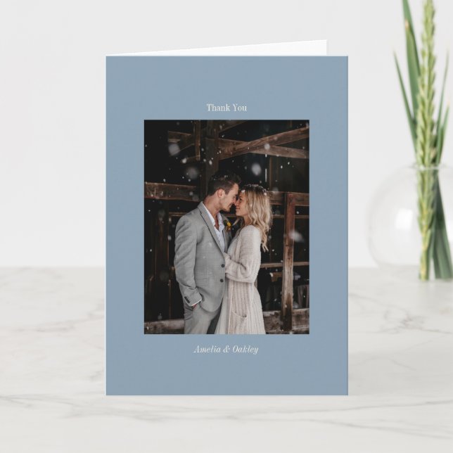 Minimalist Dusty Blue Elegant Wedding Custom Photo Thank You Card (Front)