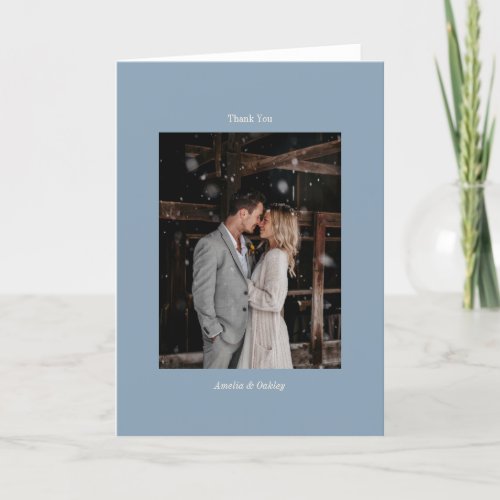 Minimalist Dusty Blue Elegant Wedding Custom Photo Thank You Card