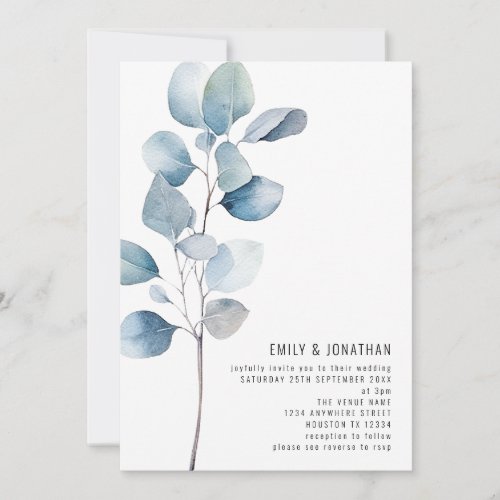 Minimalist Dusty Blue Eucalyptus QR Code Wedding Invitation