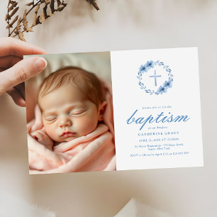 Minimalist Dusty Blue Floral Cross Baptism Photo Invitation