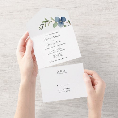 Minimalist Dusty Blue Floral Eucalyptus Branch  All In One Invitation