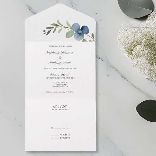 Minimalist Dusty Blue Floral Eucalyptus Branch  All In One Invitation