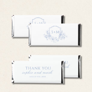 Minimalist Dusty Blue Floral Monogram Crest Hershey Bar Favors