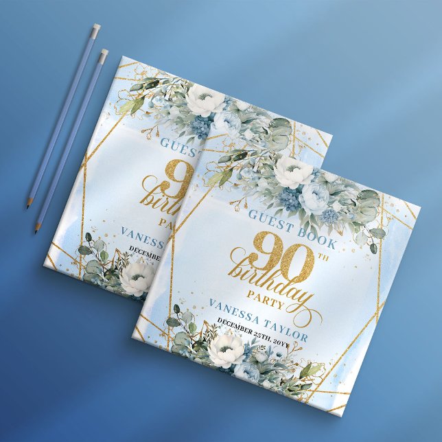 Minimalist Dusty Blue Floral Script 90th Birthday  Guest Book (Minimalist Dusty Blue Floral Script 90th Birthday Guest Book

)