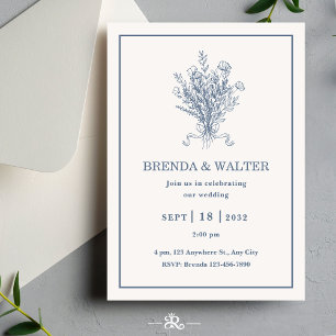 Minimalist Dusty Blue Floral Sketch Wedding Invitation