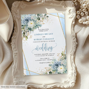 Minimalist Dusty Blue Gold Flowers Wedding Invite
