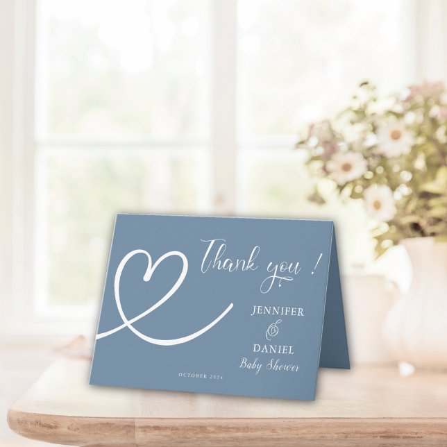Minimalist Dusty Blue Heart Elegant Baby Shower Thank You Card (Creator Uploaded)