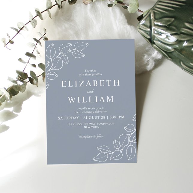 Minimalist Dusty Blue Line Art Botanical Wedding  Invitation (Creator Uploaded)