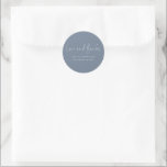 Minimalist Dusty Blue Love Thanks Names Wedding Classic Round Sticker<br><div class="desc">Minimalist Dusty Blue Love and Thanks Names Wedding. Simple modern elegance,  with Love and Thanks is in a set informal handwritten style. Easily personalise your names and wedding date. On a dark Dusty blue background which can be changed to another color if you prefer via the edit further option.</div>