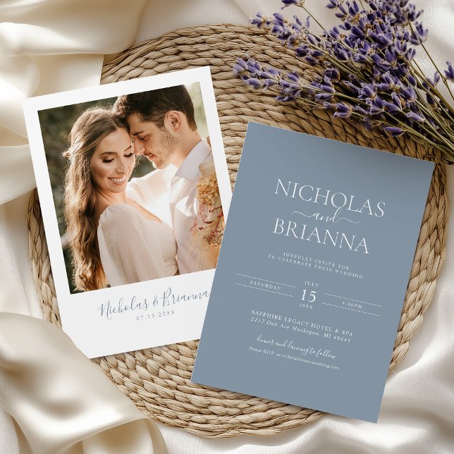 Minimalist Dusty Blue Modern Classic Wedding Photo Invitation (Creator Uploaded)