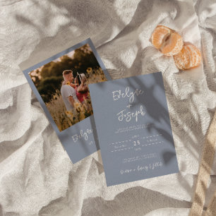Minimalist Dusty Blue Modern Photo Boho Wedding Invitation