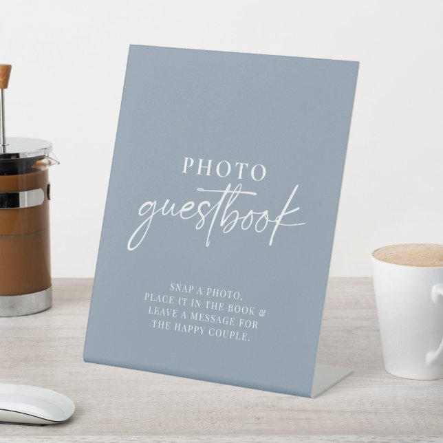 Minimalist Dusty Blue Modern Photo Guestbook Pedestal Sign (In SItu)