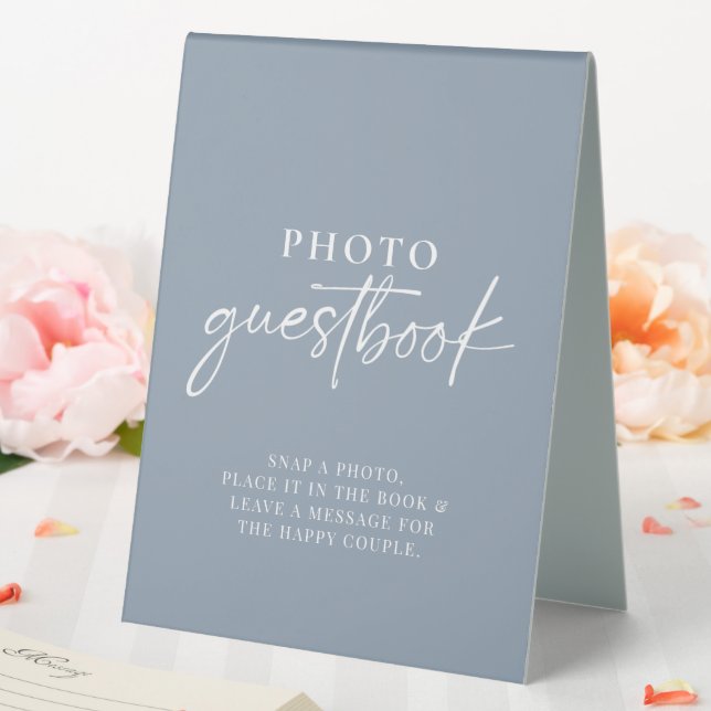 Minimalist Dusty Blue Modern Photo Guestbook Table Tent (In SItu (Wedding))