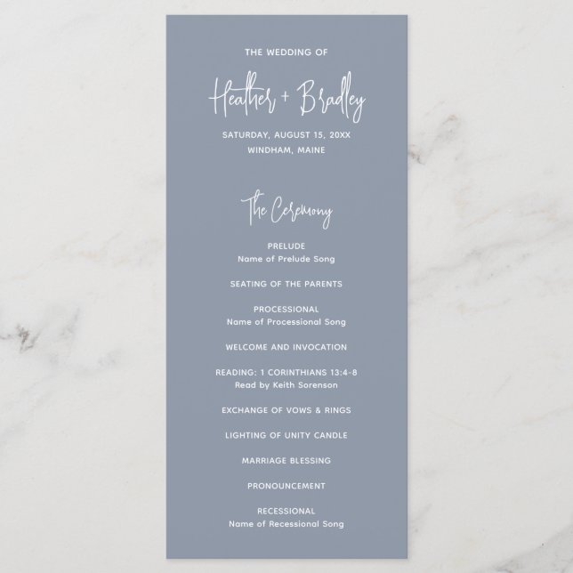 Minimalist Dusty Blue Modern Wedding Program (Front)