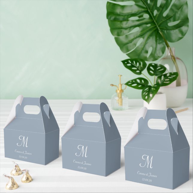 Minimalist Dusty Blue Monogram Script Wedding  Favor Boxes (Multiple)