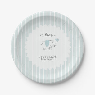 Minimalist Dusty Blue Oh Baby Elephant Baby Shower Paper Plates