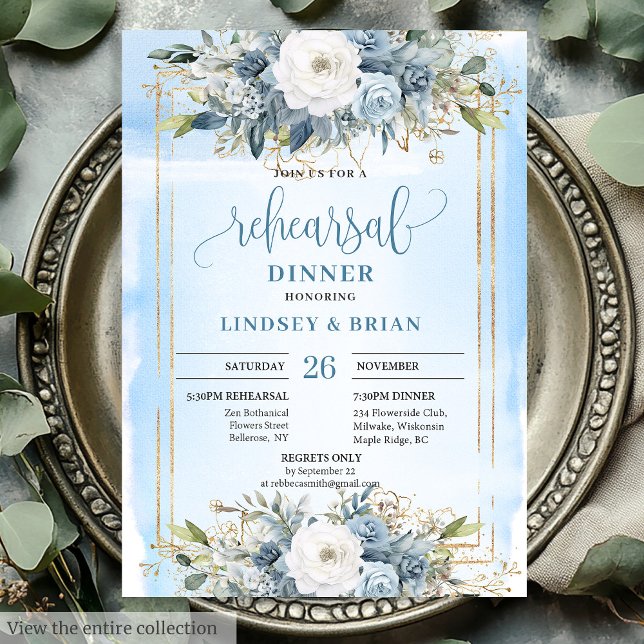 Minimalist Dusty Blue Peony Wedding Rehearsal Card (Minimalist Dusty Blue Peony Wedding Rehearsal Card)